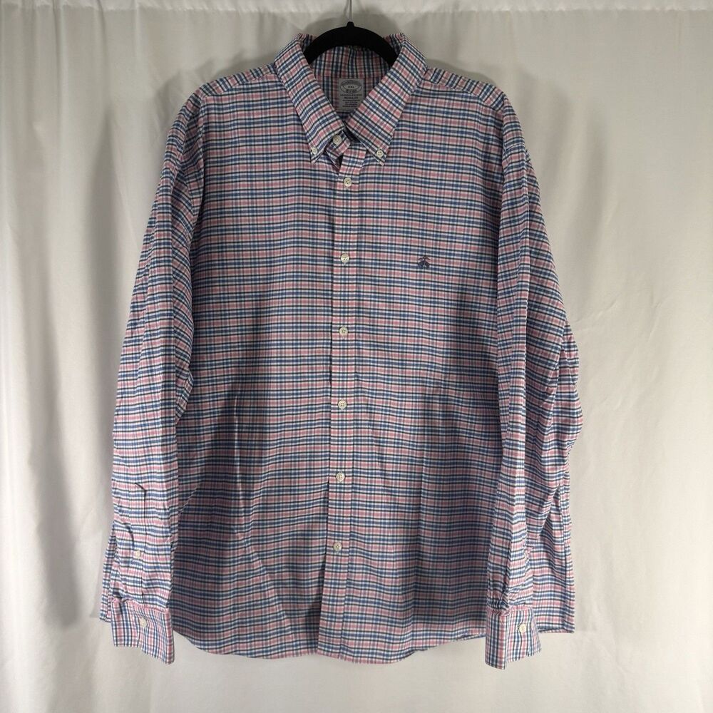 Brooks Brothers Dress Shirt Men XXL Pink Blue Plaid Button Up Long Sleeve Cotton